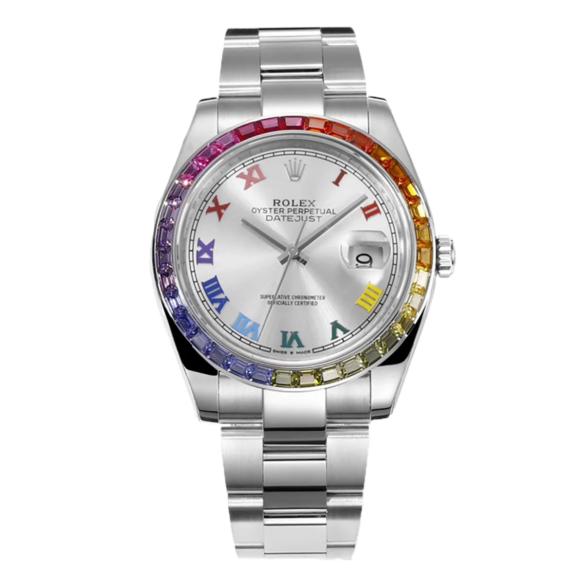 Datejust-41-Silver-Dial-Roman-Markers-with-Rainbow-Diamond-Bezel-in-Steel-on-Oyster-Bracelet-1-1